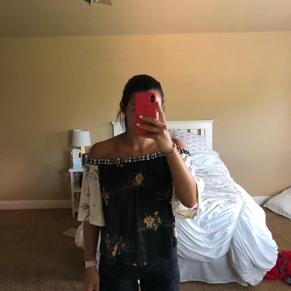 free people off the shoulder satin shirt/ M